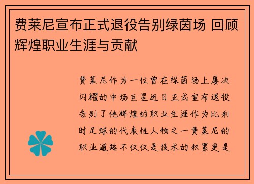 费莱尼宣布正式退役告别绿茵场 回顾辉煌职业生涯与贡献 费莱尼宣布正式退役告别绿茵场 回顾辉煌职业生涯与贡献